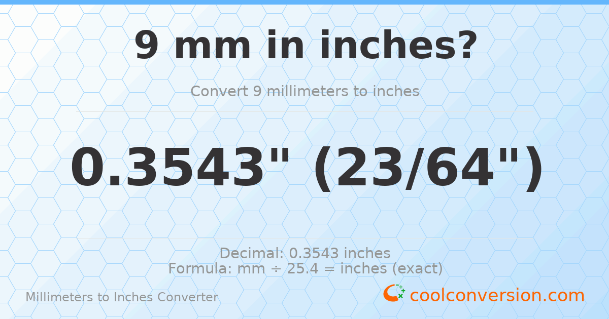 9 mm to inches — 0.3543"
