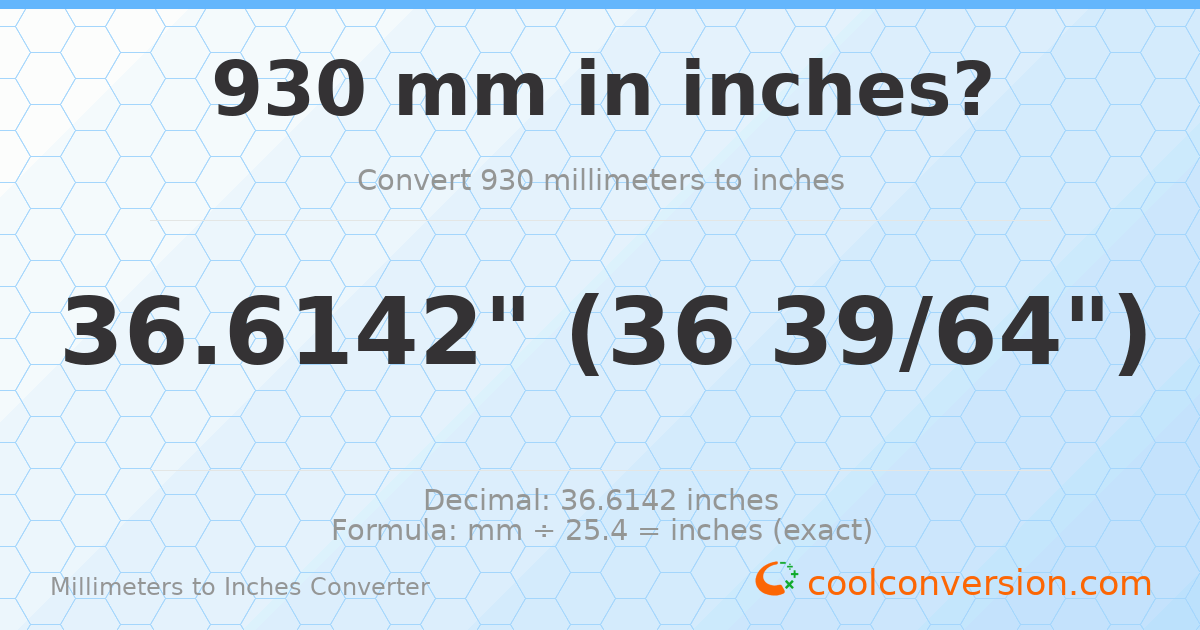 930 mm to inches — 36.6142"