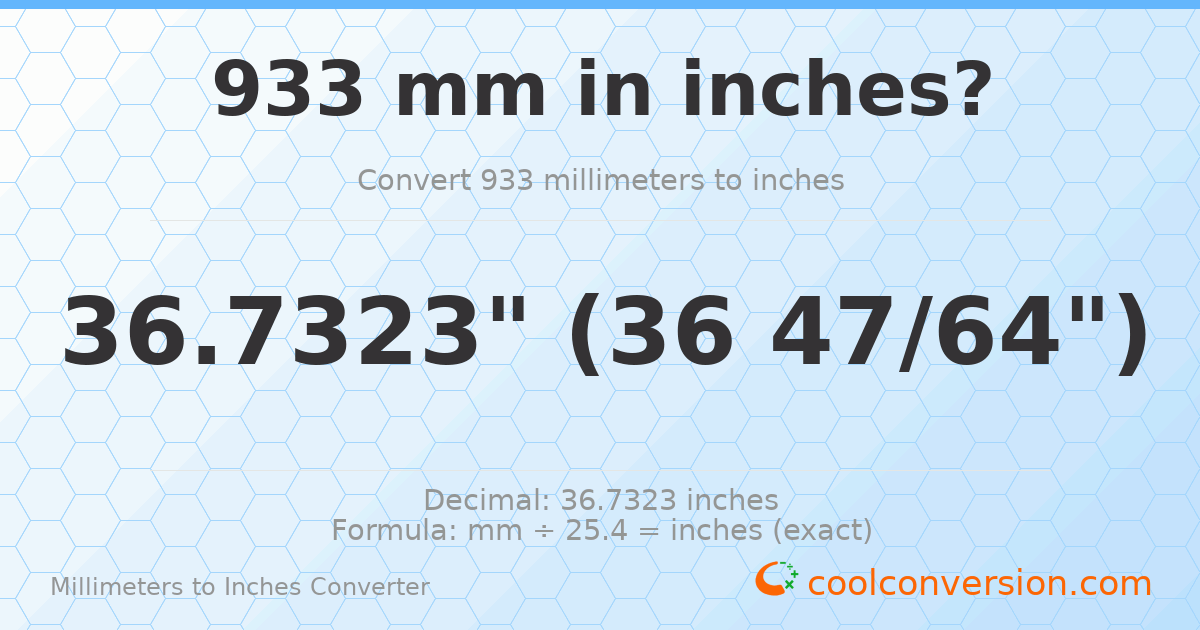 933 mm to inches — 36.7323"