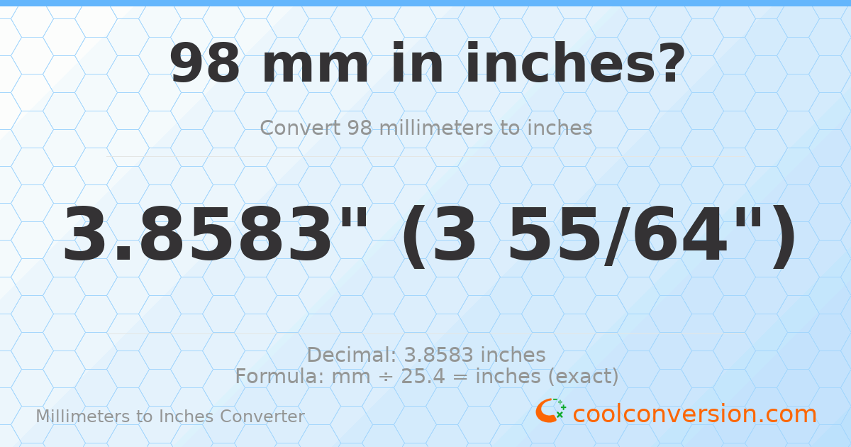 98 mm to inches — 3.8583"