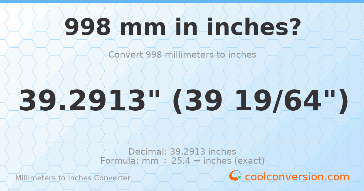 998 mm to inches — 39.2913"