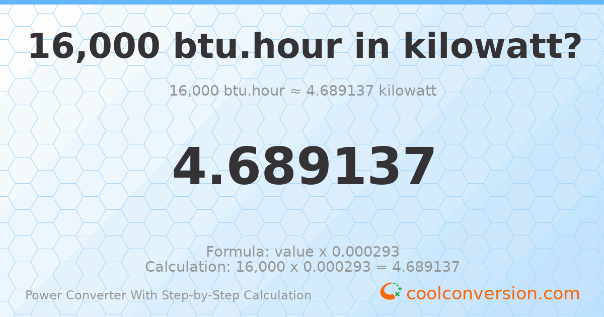 16000 Btu/hour = 4.68914 kilowatts