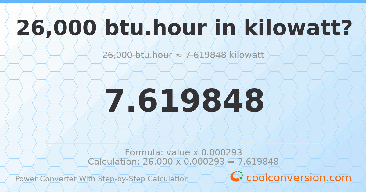 26000 Btu/hour = 7.61985 kilowatts