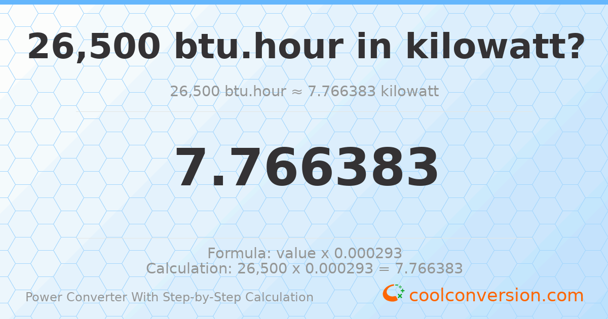 26500 Btu/hour = 7.76638 kilowatts