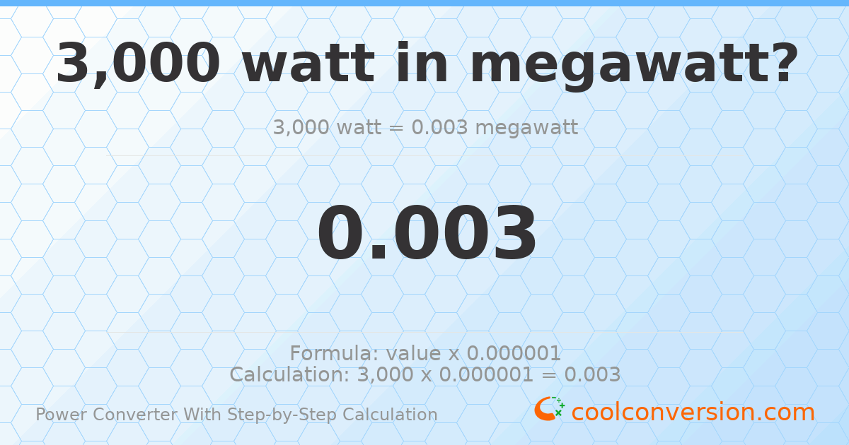 3000 watts = 0.003 megawatts