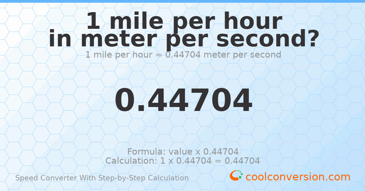 1 mile per hour = 0.44704 meters per second