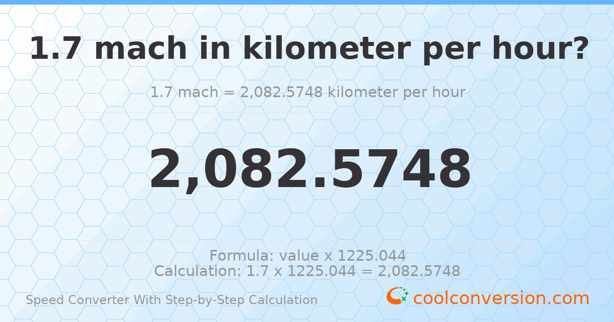 1.7 mach = 2082.57 kilometers per hour