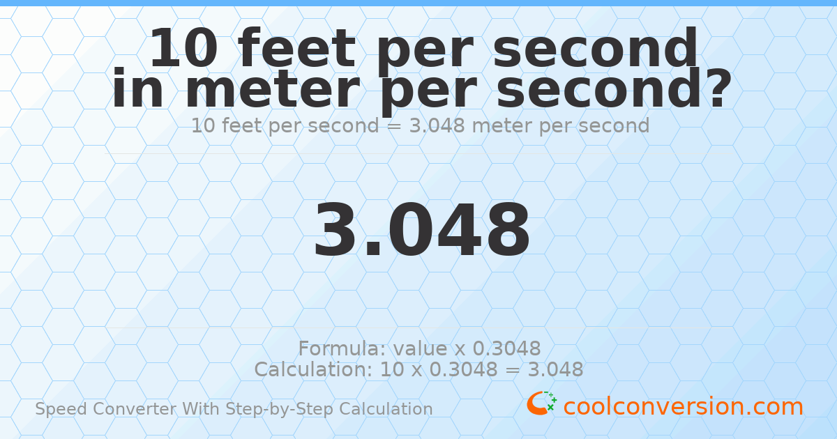 10 feet per second = 3.048 meters per second