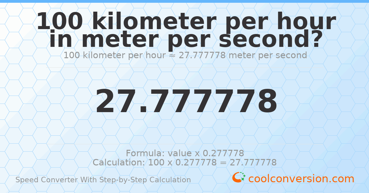 100 kilometers per hour = 27.7778 meters per second