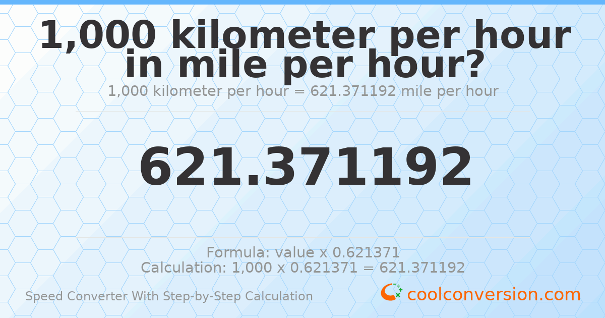 1000 kilometers per hour = 621.371 miles per hour