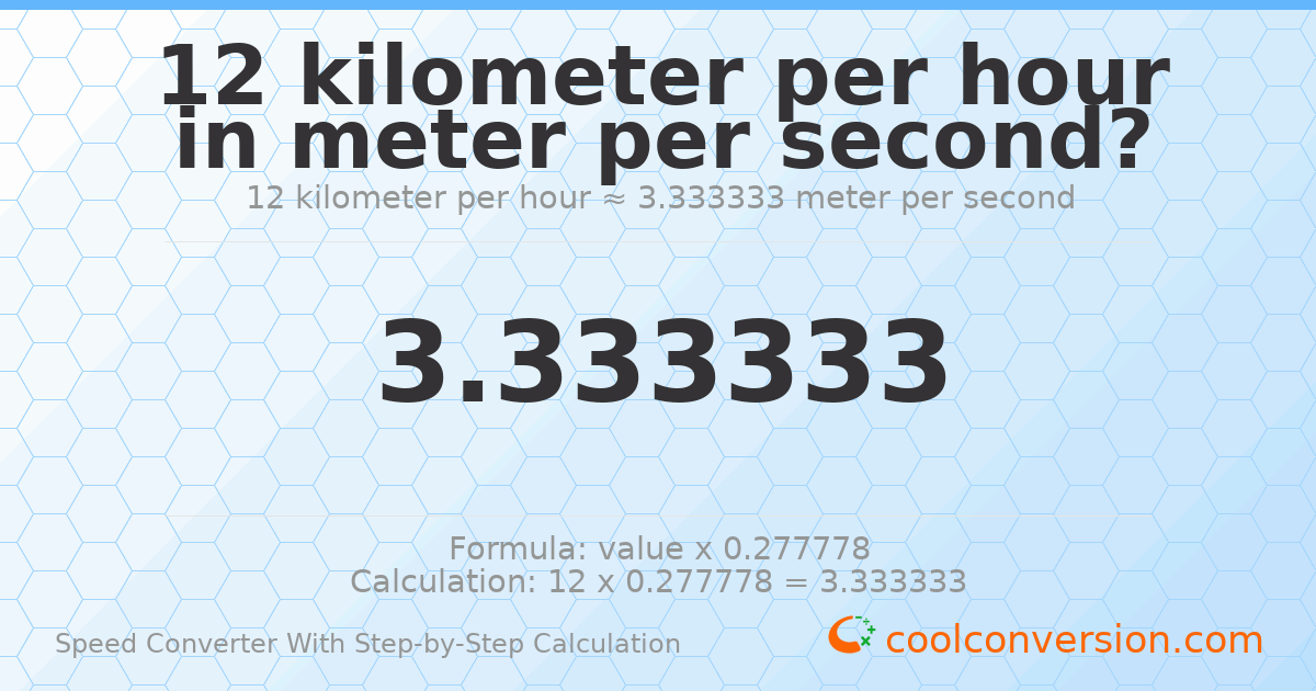 12 kilometers per hour = 3.33333 meters per second