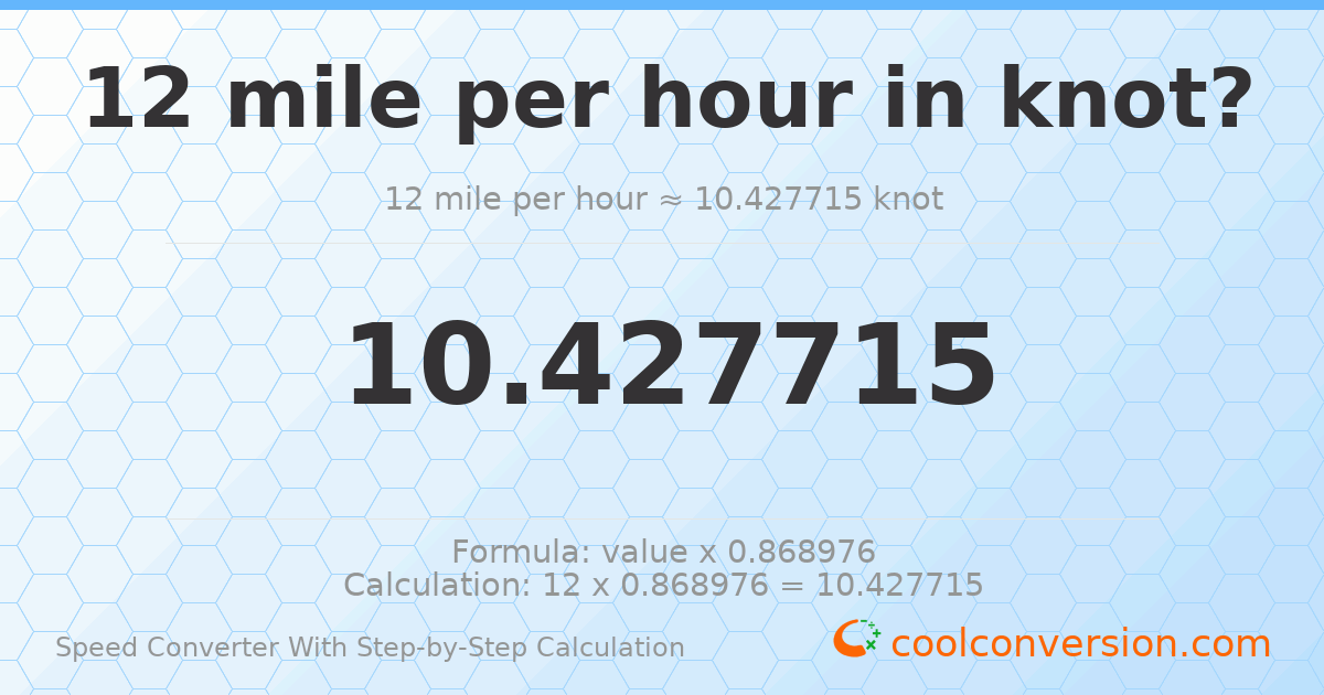 12 miles per hour = 10.4277 knots
