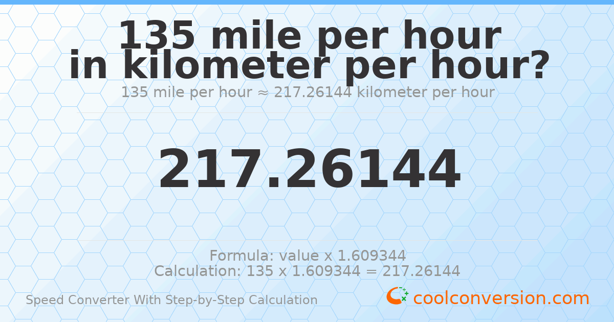 135 miles per hour = 217.261 kilometers per hour