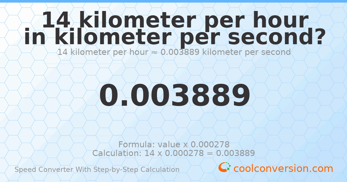 14 kilometers per hour = 0.00388889 kilometers per second