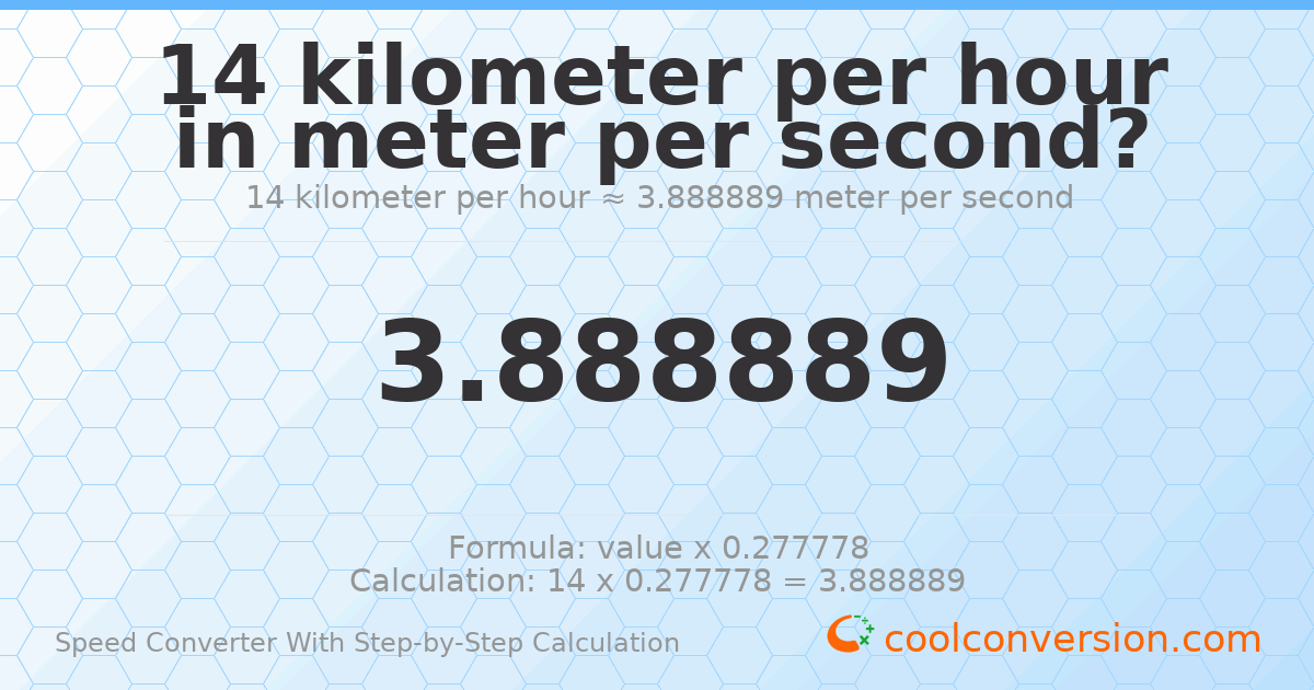 14 kilometers per hour = 3.88889 meters per second