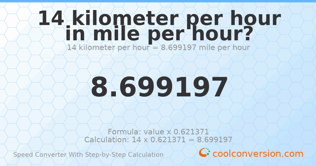 14 kilometers per hour = 8.6992 miles per hour