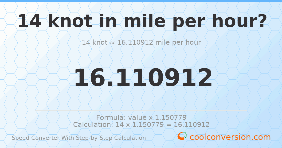 14 knots = 16.1109 miles per hour