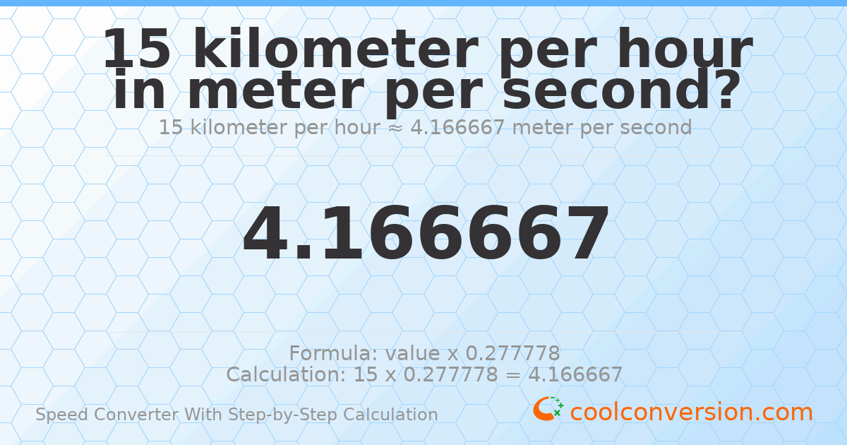 15 kilometers per hour = 4.16667 meters per second