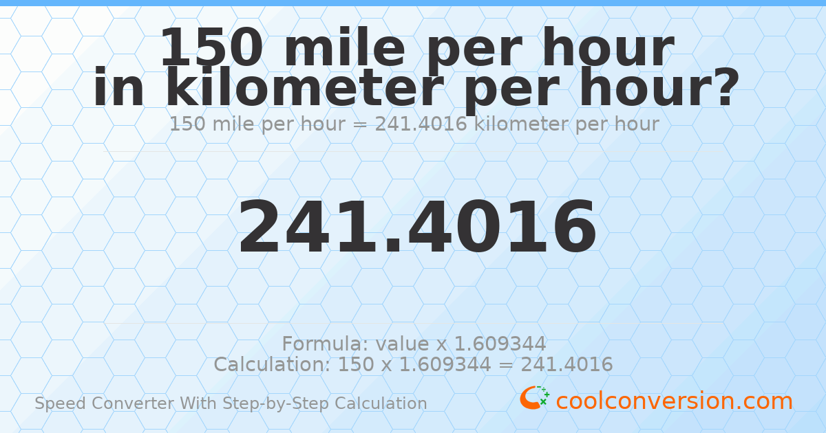 150 miles per hour = 241.402 kilometers per hour