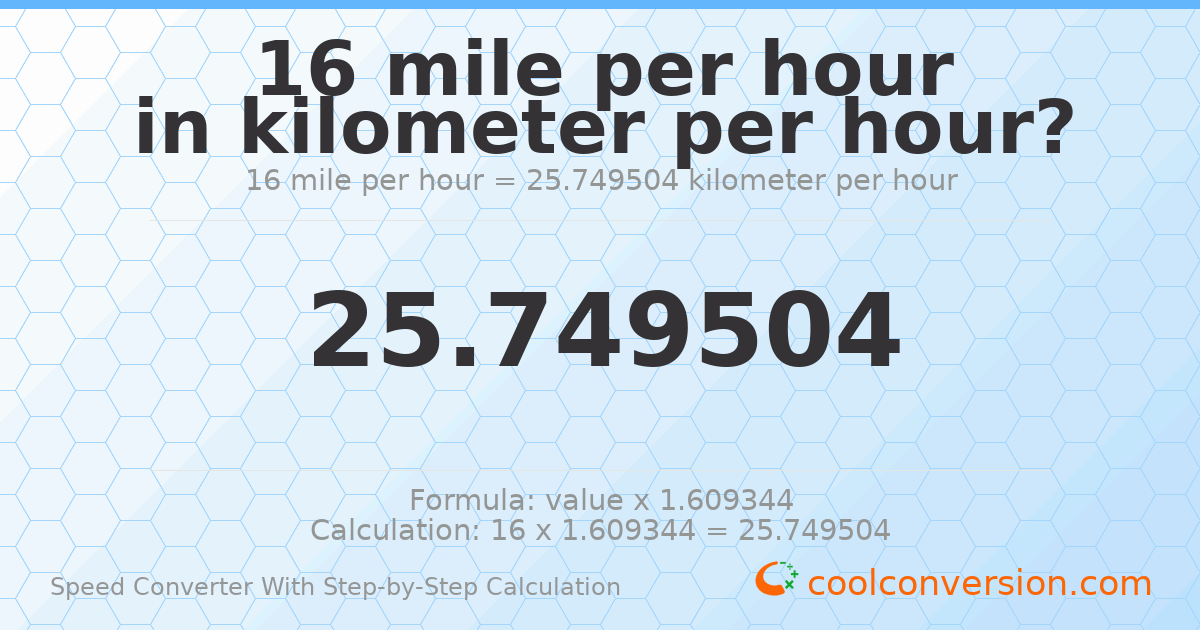 16 miles per hour = 25.7495 kilometers per hour