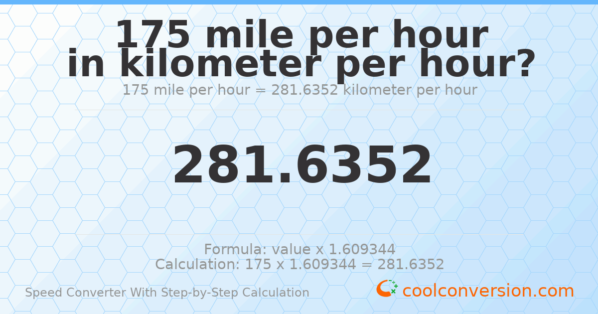 175 miles per hour = 281.635 kilometers per hour
