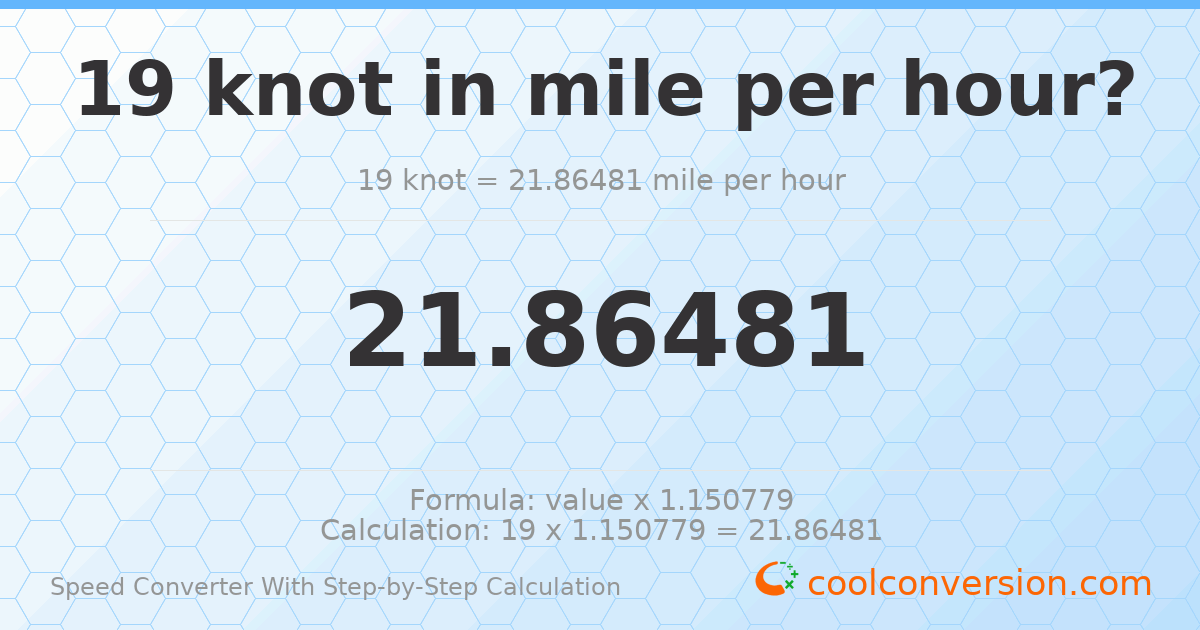 19 knots = 21.8648 miles per hour