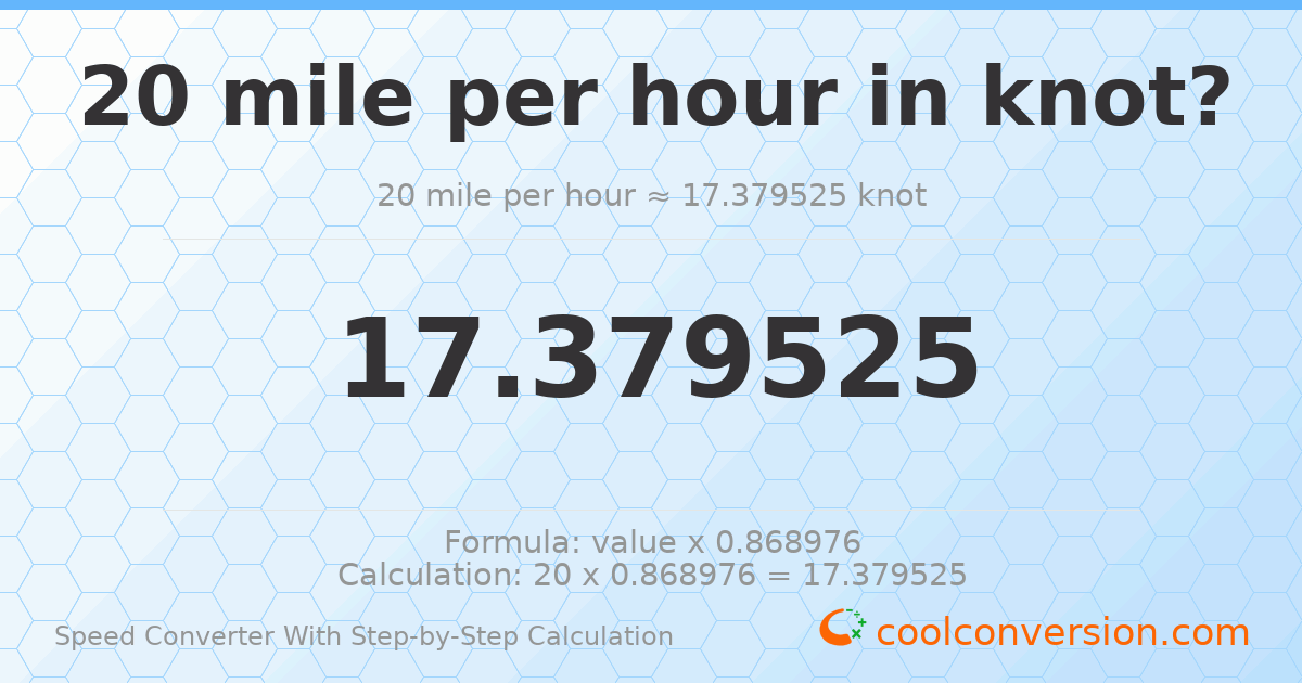 20 miles per hour = 17.3795 knots