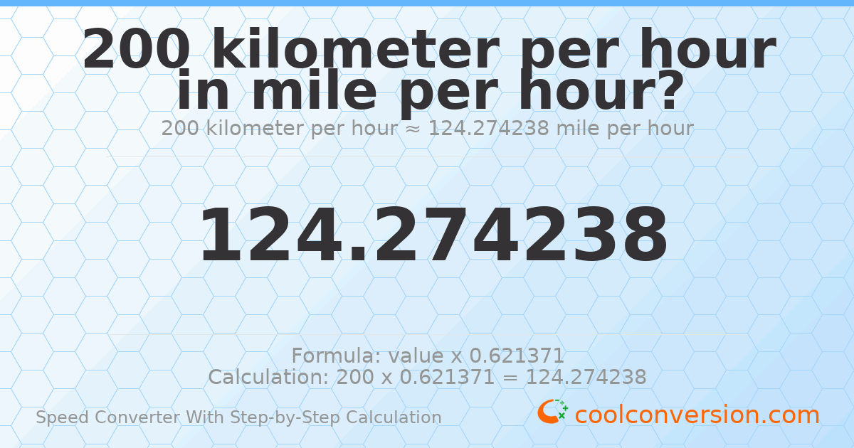 200 kilometers per hour = 124.274 miles per hour