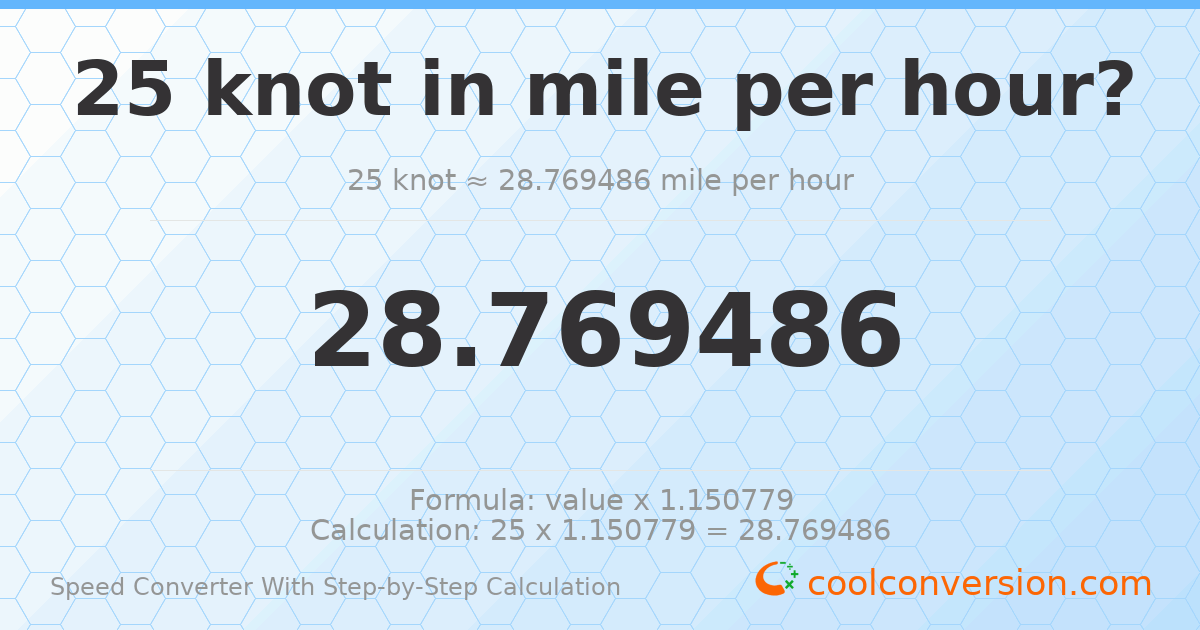 25 knots = 28.7695 miles per hour