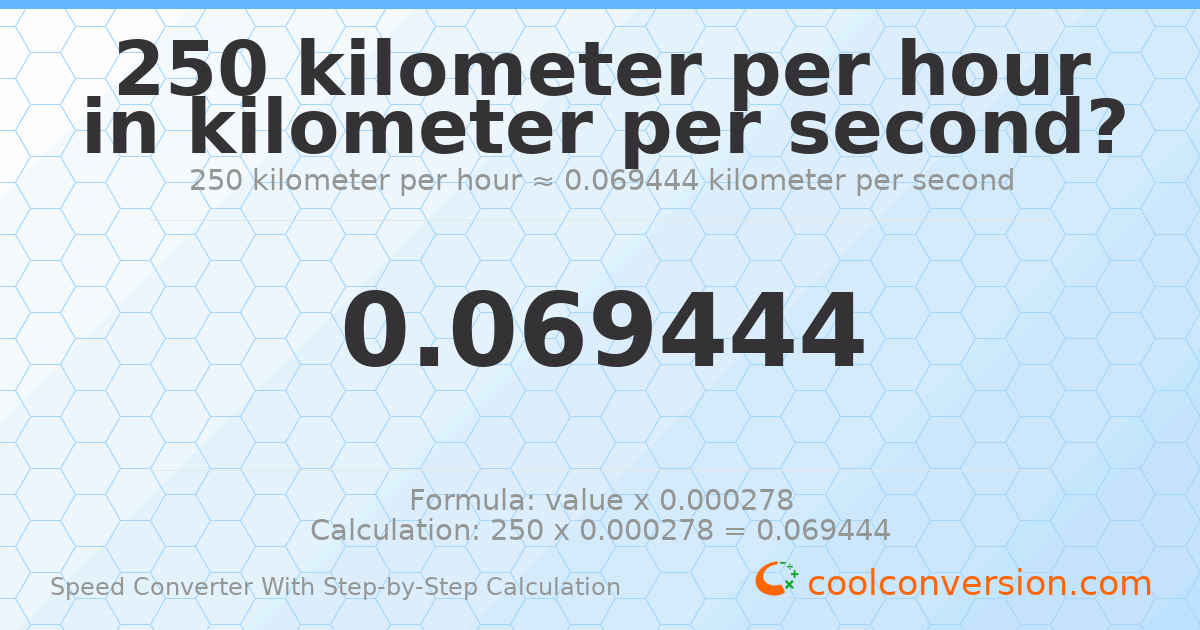 250 kilometers per hour = 0.0694444 kilometers per second