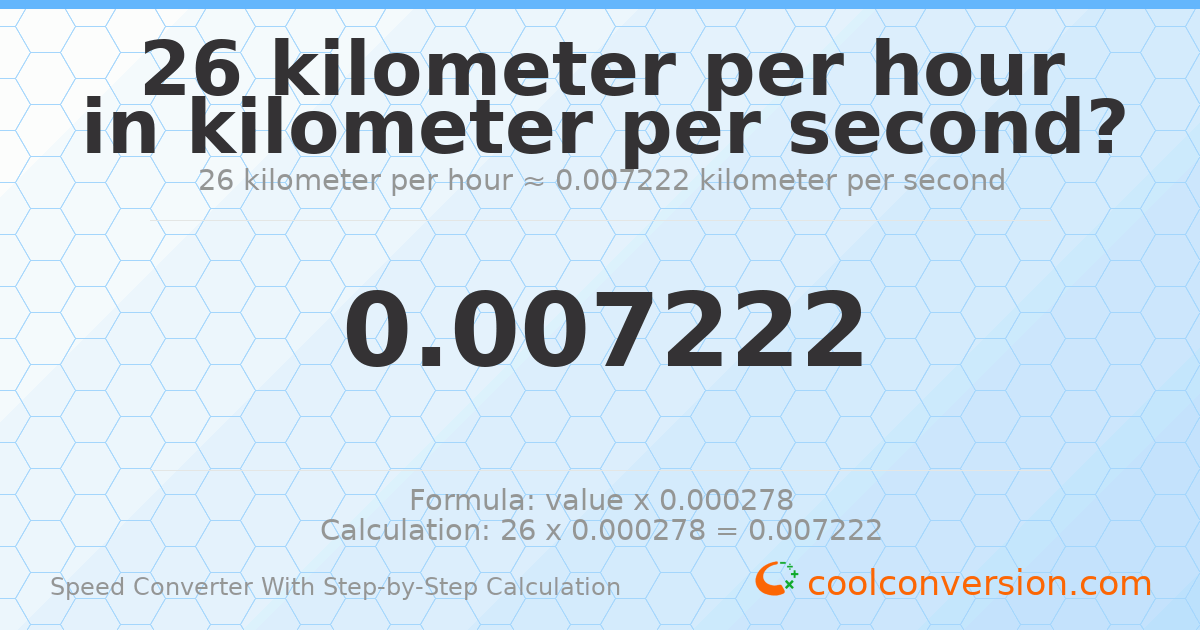 26 kilometers per hour = 0.00722222 kilometers per second