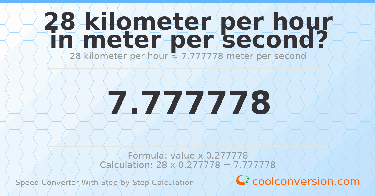 28 kilometers per hour = 7.77778 meters per second