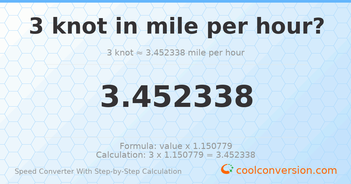 3 knots = 3.45234 miles per hour