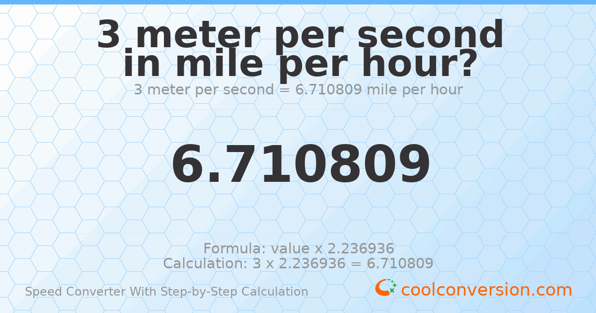 3 meters per second = 6.71081 miles per hour
