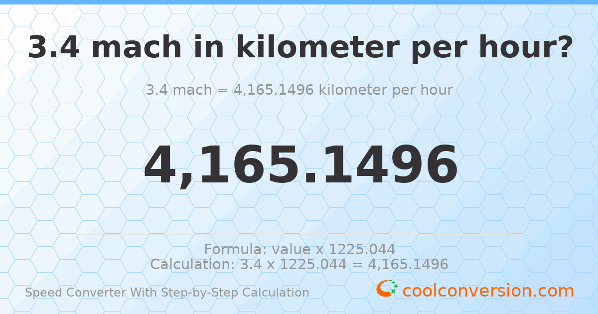 3.4 mach = 4165.15 kilometers per hour