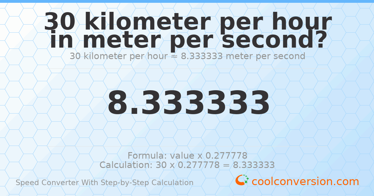30 kilometers per hour = 8.33333 meters per second