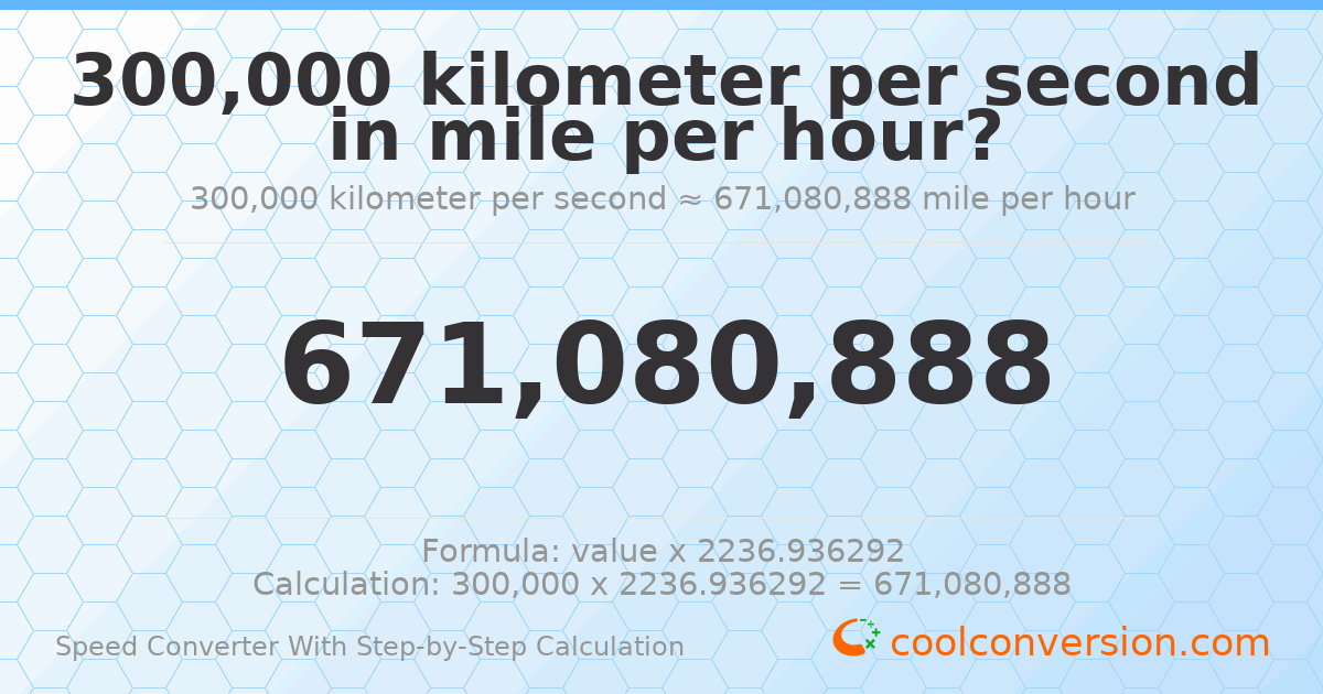 300000 kilometers per second = 6.71081 × 10⁸ miles per hour