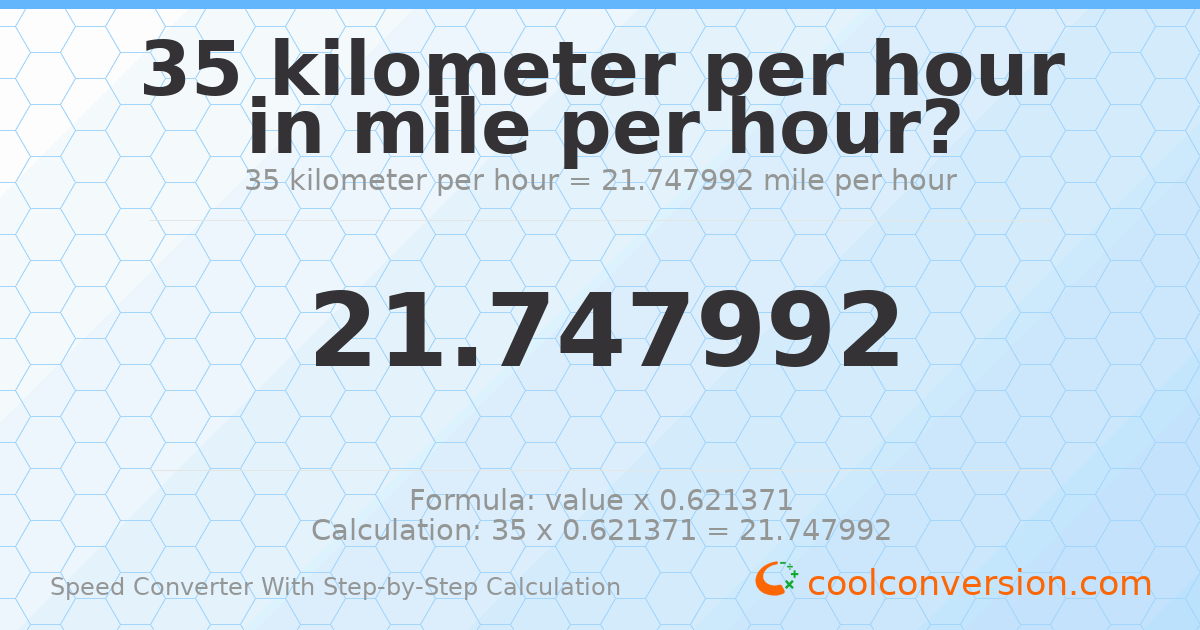 35 kilometers per hour = 21.748 miles per hour