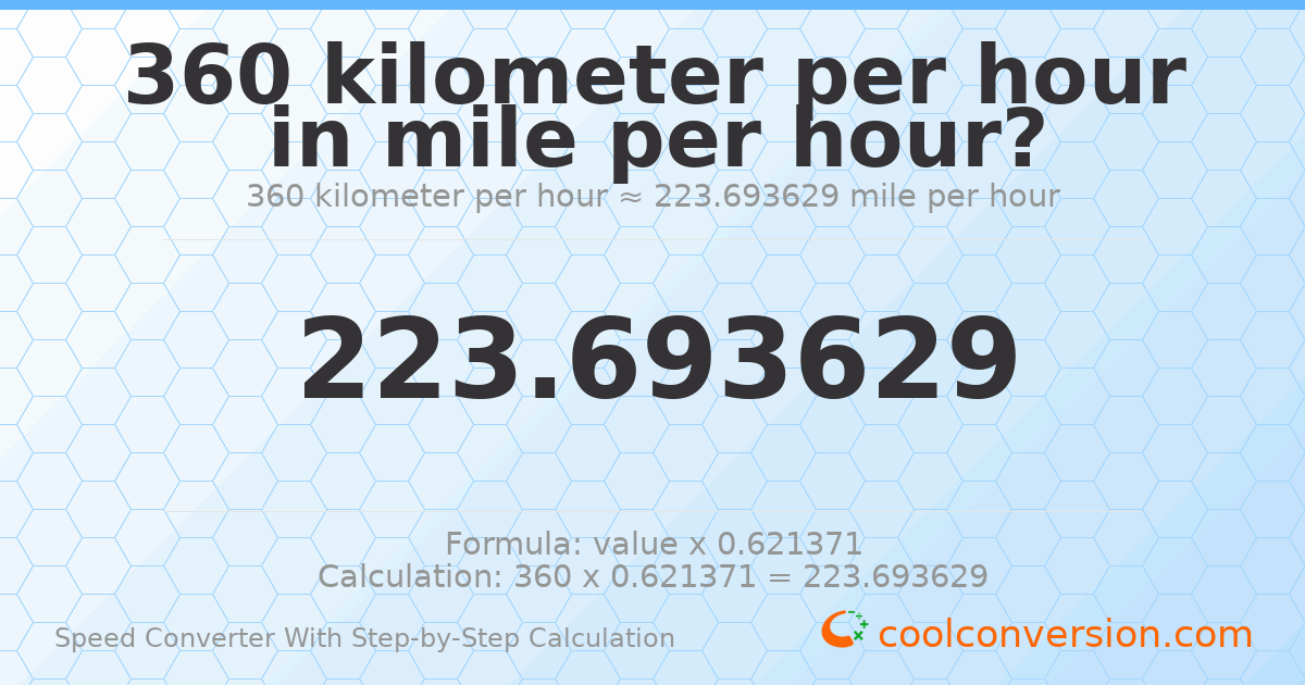 360 kilometers per hour = 223.694 miles per hour