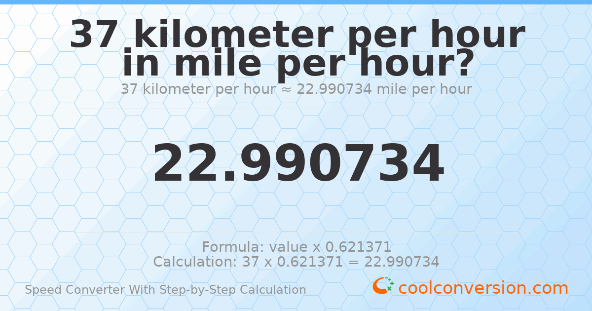 37 kilometers per hour = 22.9907 miles per hour