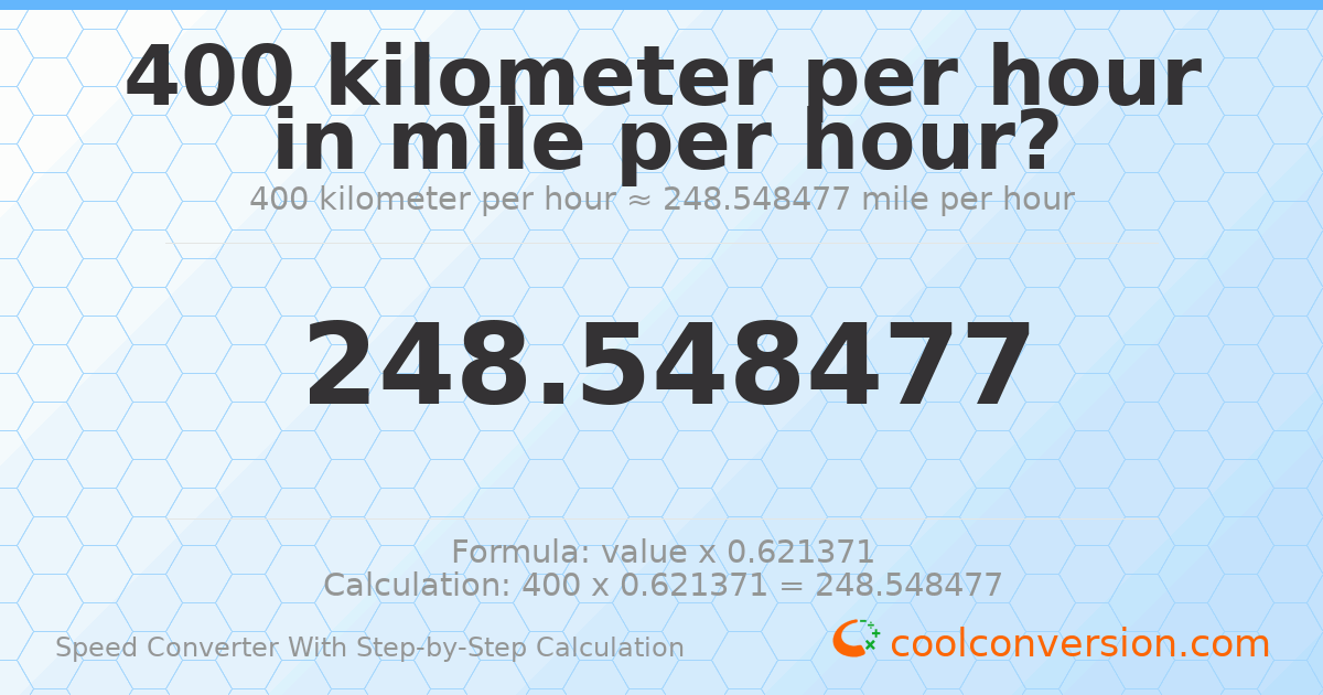 400 kilometers per hour = 248.548 miles per hour