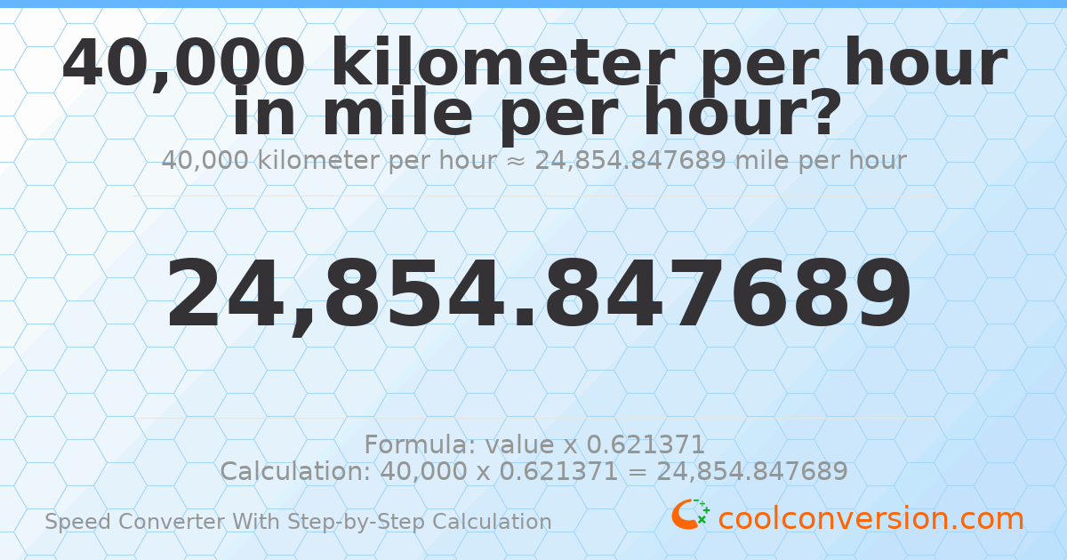 40000 kilometers per hour = 24854.8 miles per hour