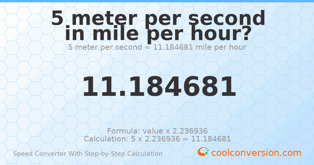 5 meters per second = 11.1847 miles per hour