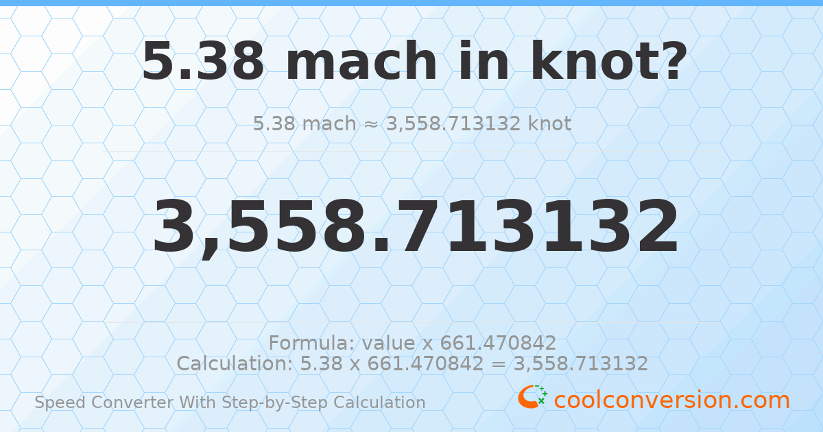 5.38 mach = 3558.71 knots