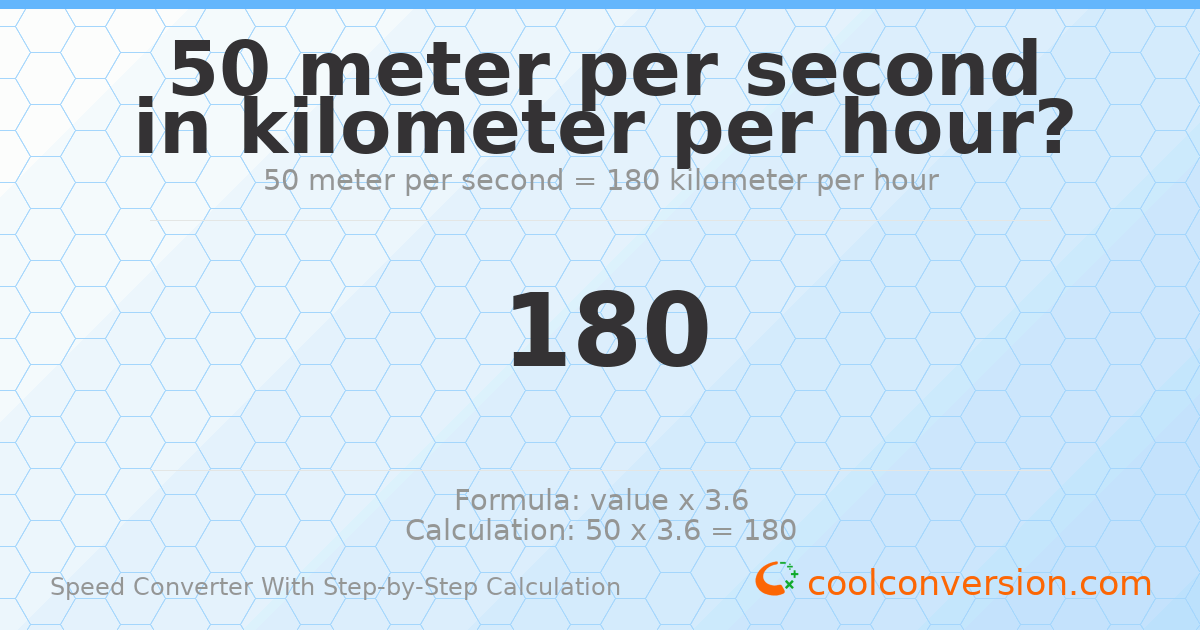 50 Meters Per Second to Kilometers Per Hour | 50 m/s = 180 km/h