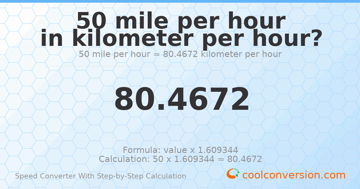50 miles per hour = 80.4672 kilometers per hour