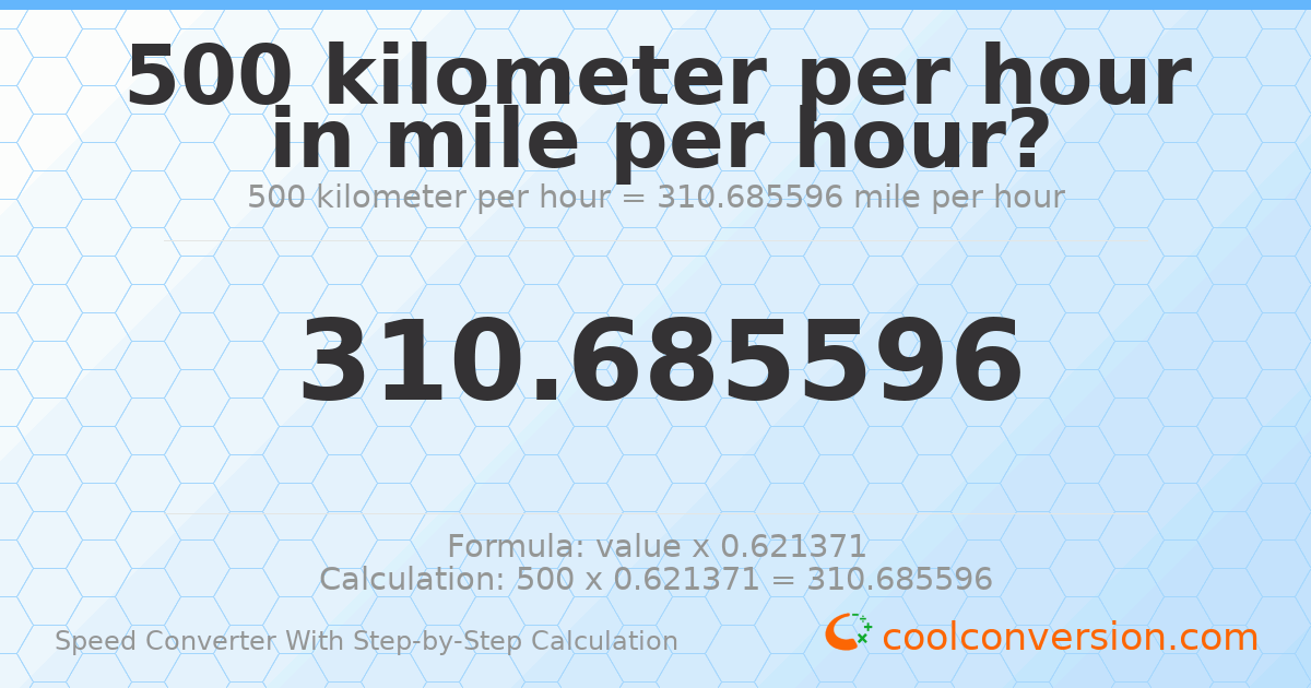 500 kilometers per hour = 310.686 miles per hour