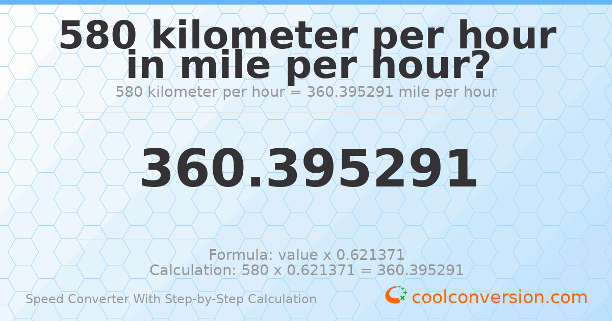 580 kilometers per hour = 360.395 miles per hour