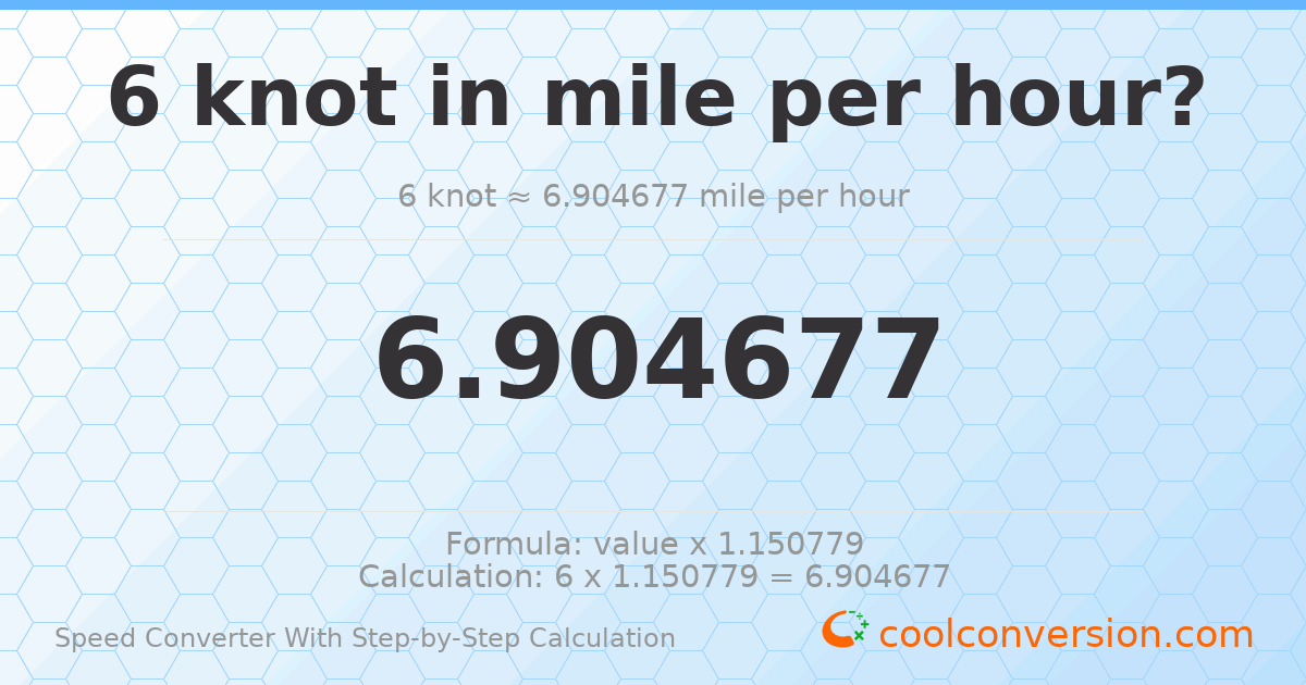 6 knots = 6.90468 miles per hour