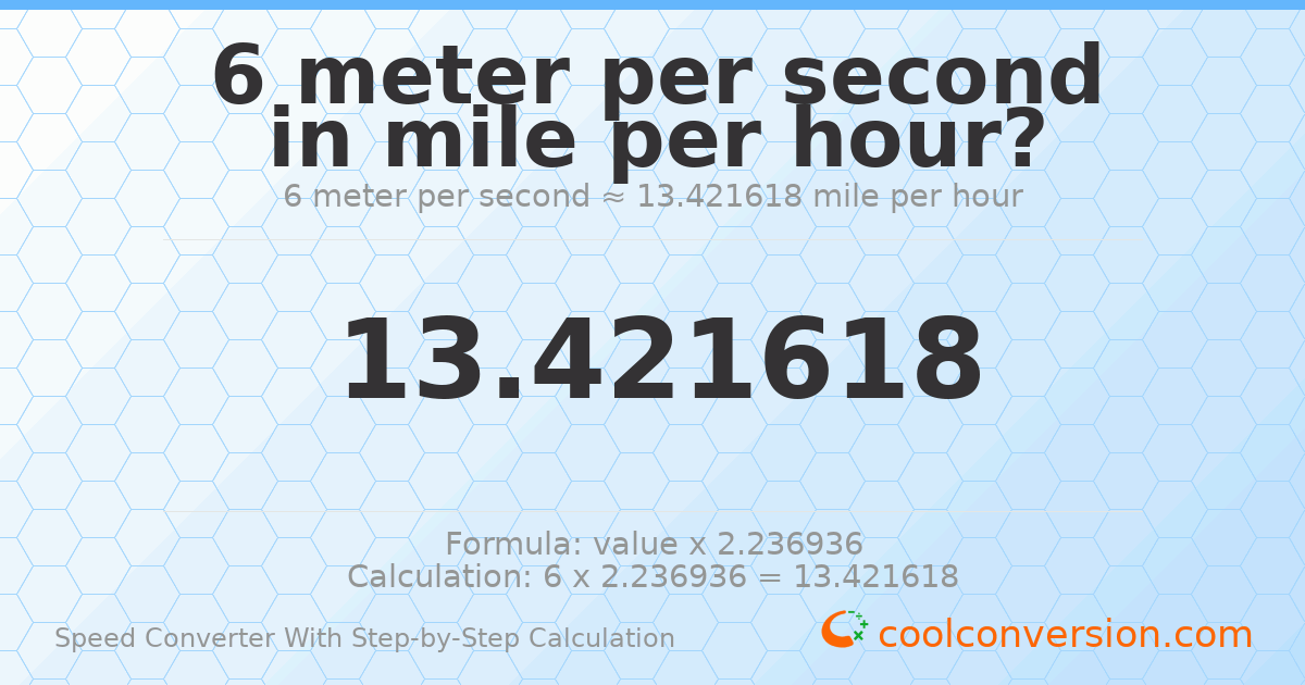 6 meters per second = 13.4216 miles per hour